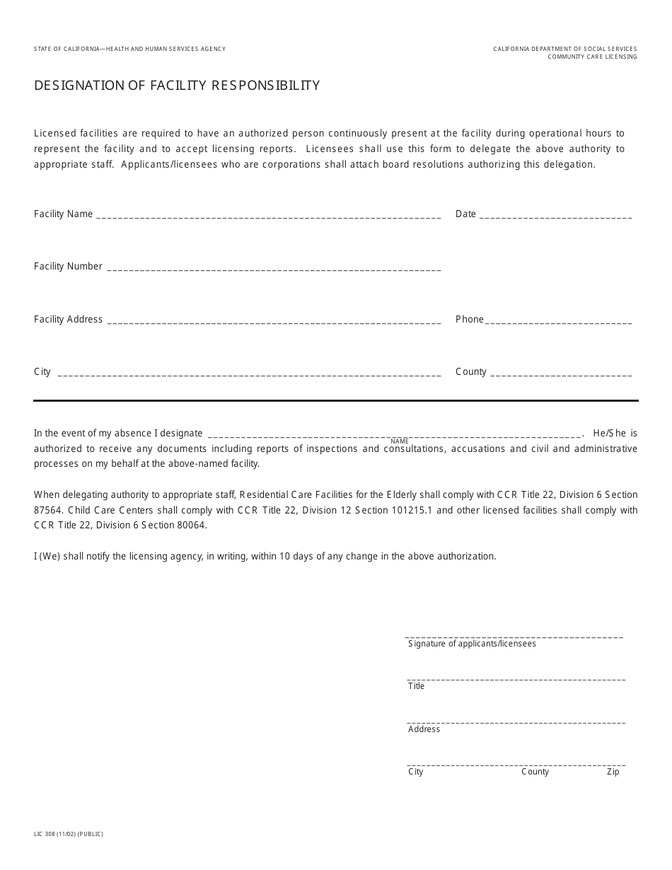 Form LIC308 Designation of Facility Responsibility - California, Page 1