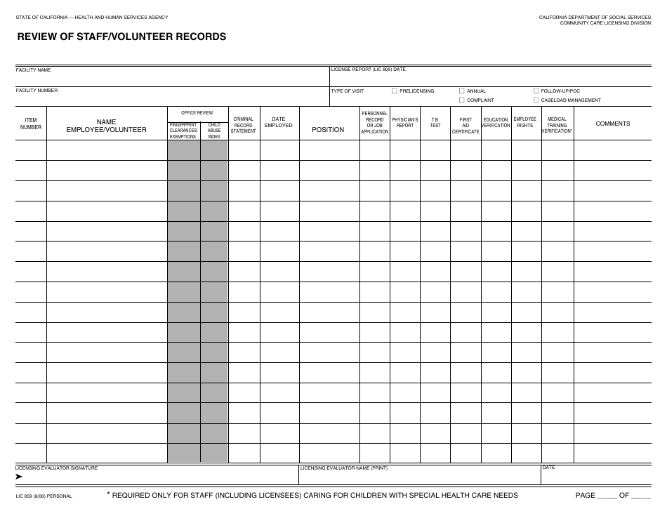 Form LIC859 Review of Staff / Volunteer Records - California, Page 1