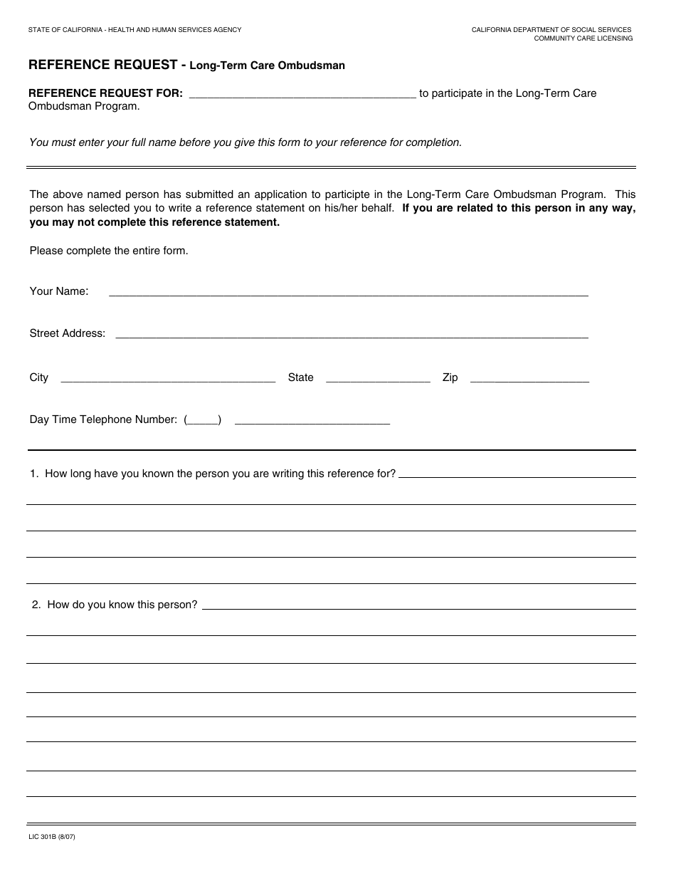 Form LIC301B Reference Request - Long-Term Care Ombudsman - California, Page 1