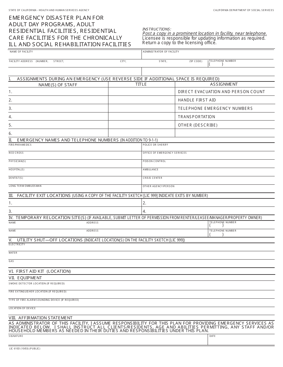 Form LIC610D Emergency Disaster Plan for Adult Day Programs, Adult Residential Facilities, Residential Care Facilities for the Chronically Ill and Social Rehabilitation Facilities - California, Page 1