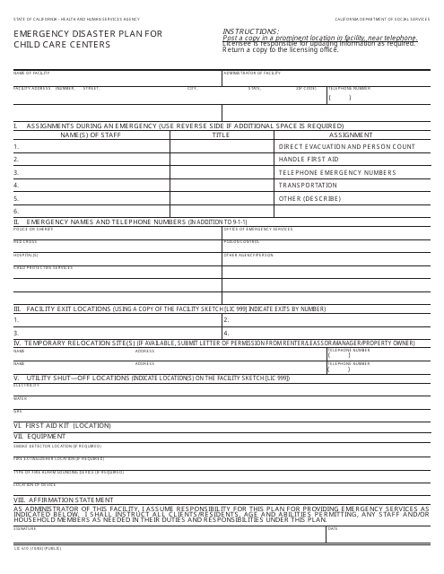 Form LIC 610 Download Fillable PDF, Emergency Disaster Plan for Child ...