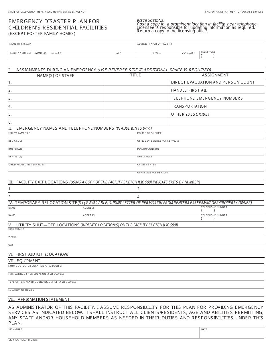 Form LIC610C Emergency Disaster Plan for Childrens Residential Facilities - California, Page 1