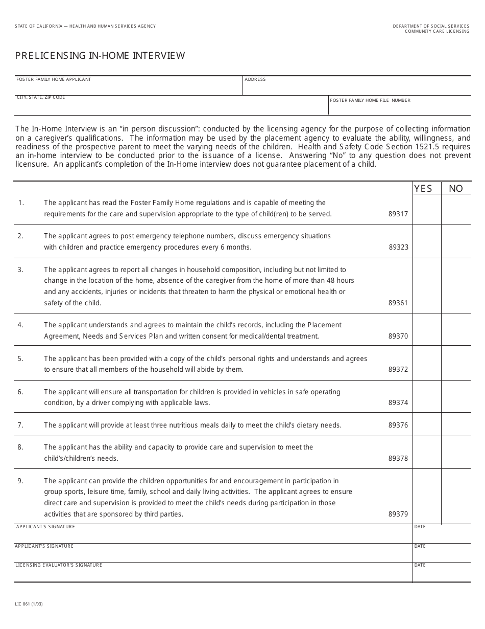 Form LIC861 Prelicensing in-Home Interview - California, Page 1