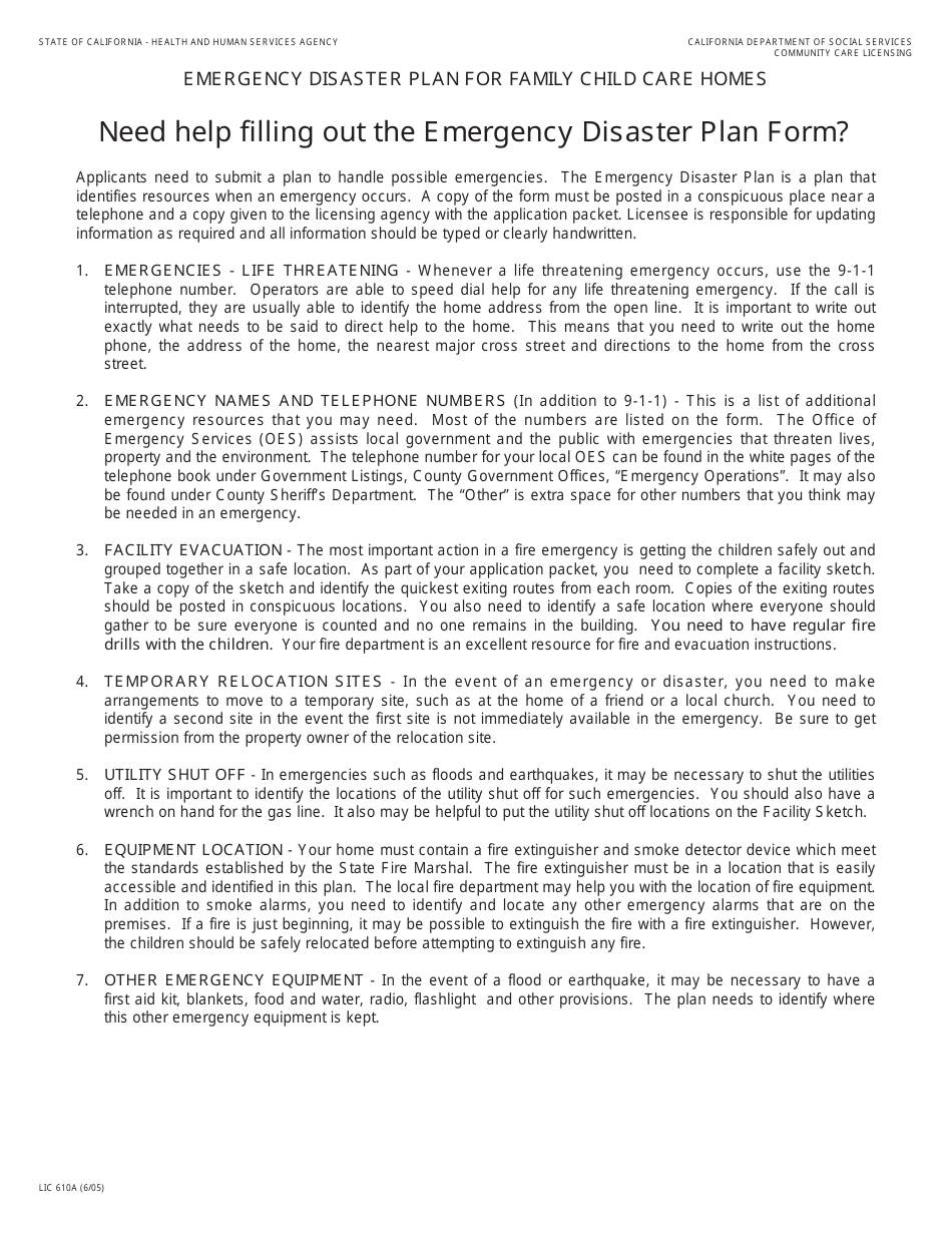 Form LIC610A Emergency Disaster Plan for Family Child Care Homes - California, Page 2