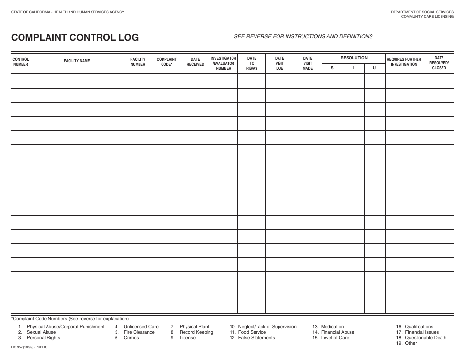 Form LIC957 Complaint Control Log - California, Page 1