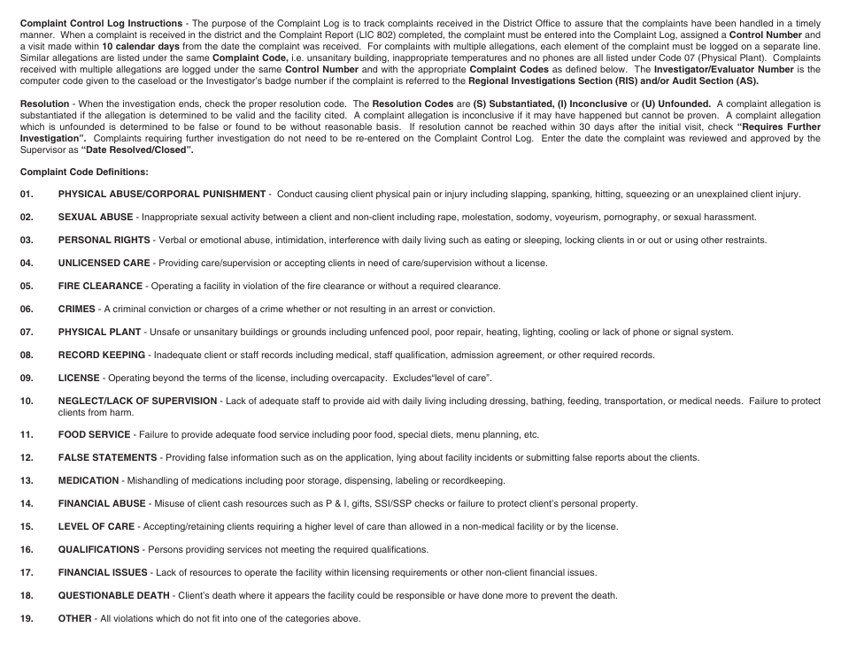 Form LIC957 Complaint Control Log - California, Page 2