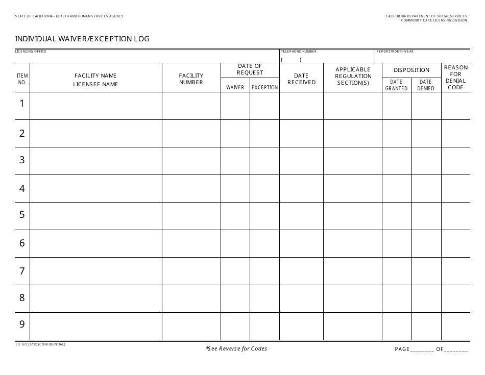 Form LIC972 Individual Waiver / Exception Log - California, Page 1