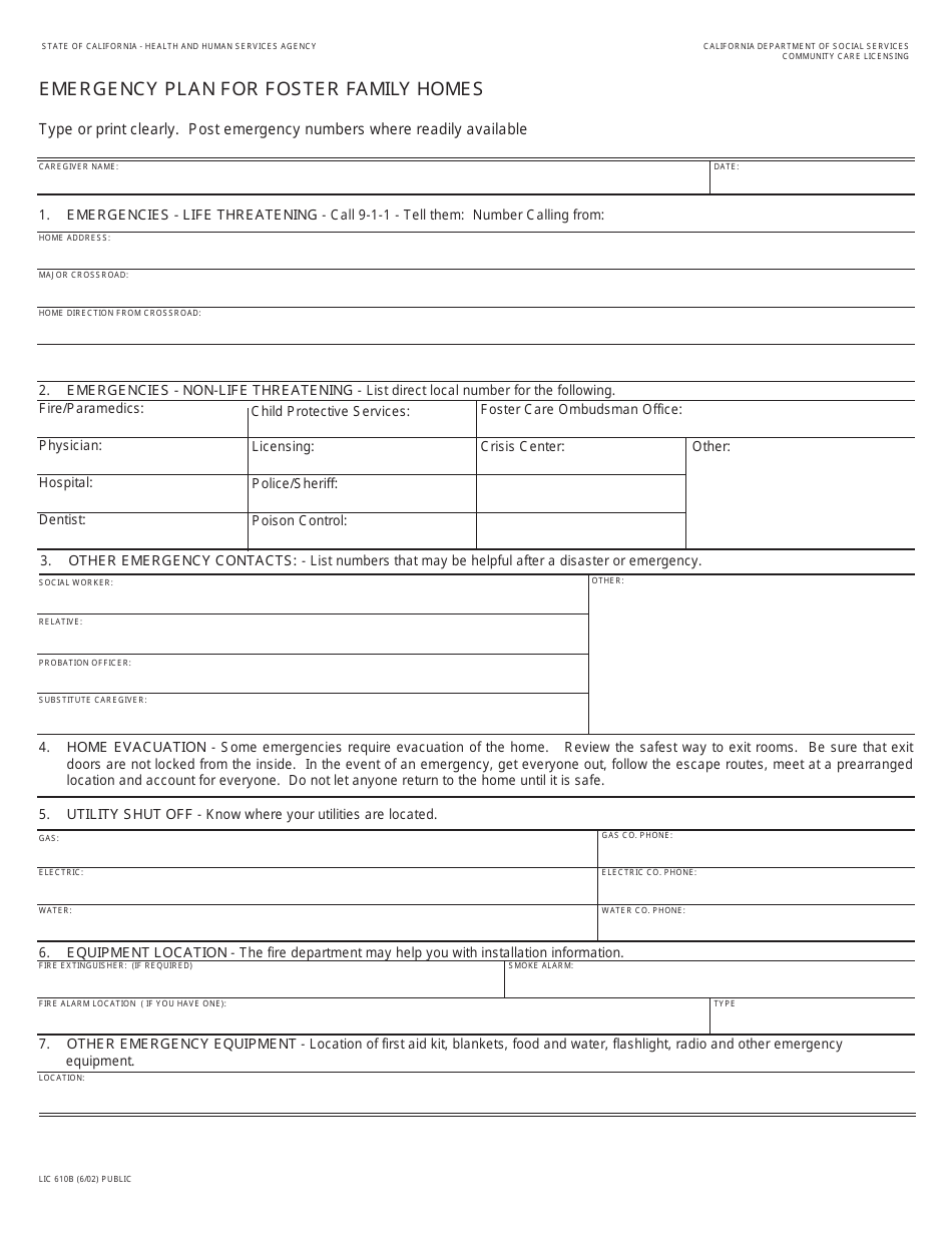 Form LIC610B Emergency Plan for Foster Family Homes - California, Page 1