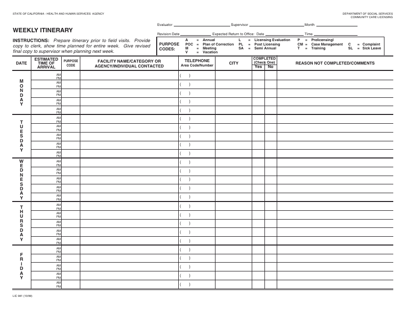 Form LIC981 Weekly Itinerary - California