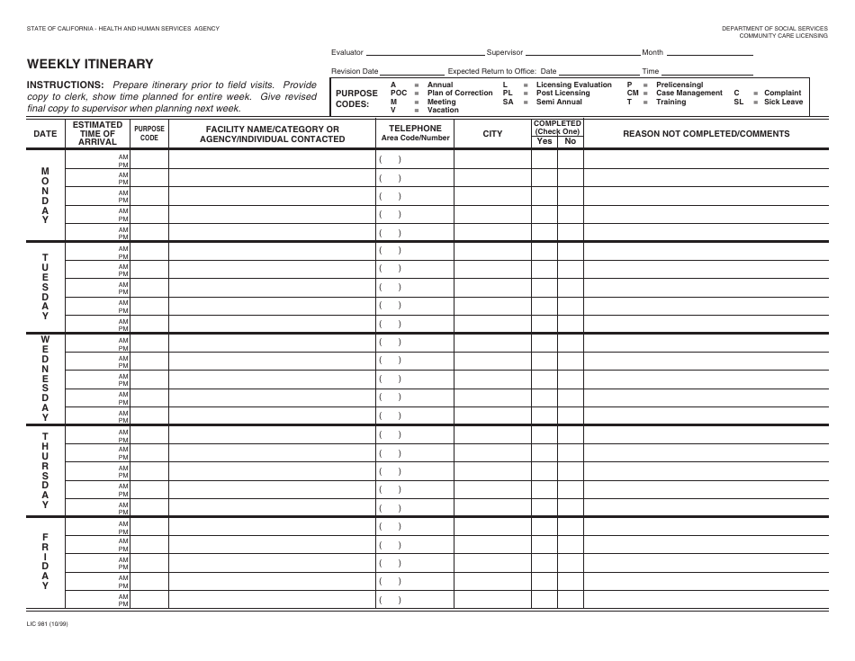 Form LIC981 Weekly Itinerary - California, Page 1