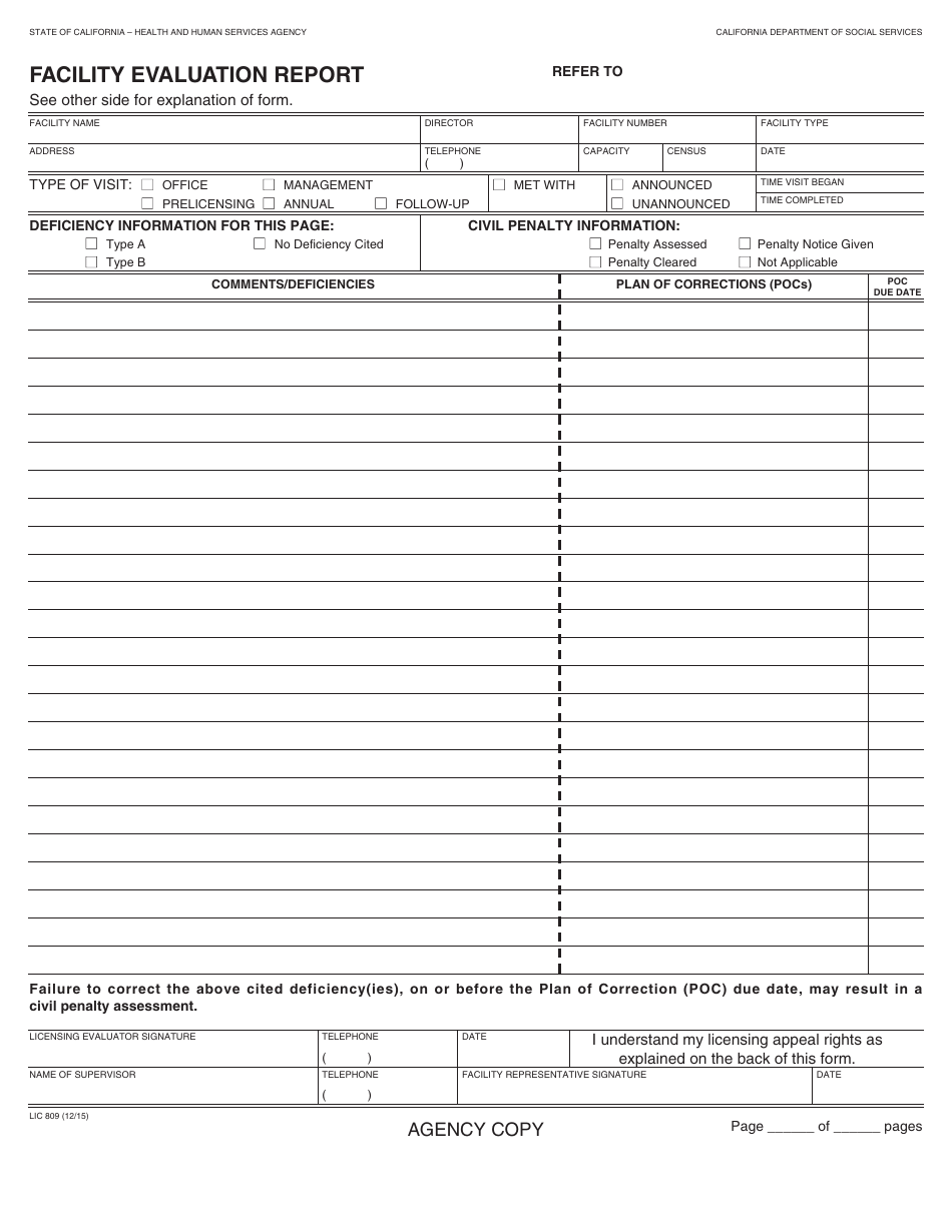 Form LIC809 Facility Evaluation Report - California, Page 1