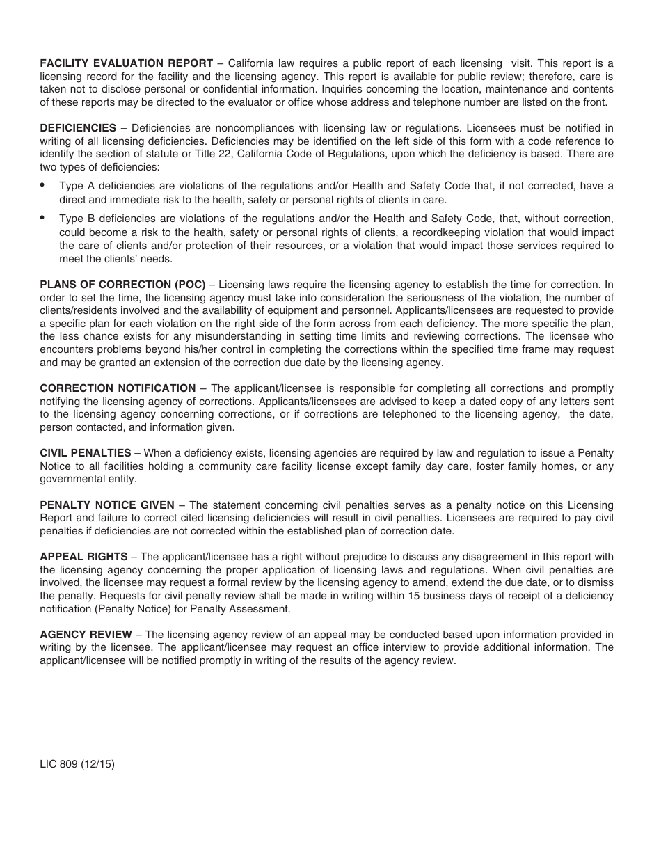 Form LIC809 Facility Evaluation Report - California, Page 4