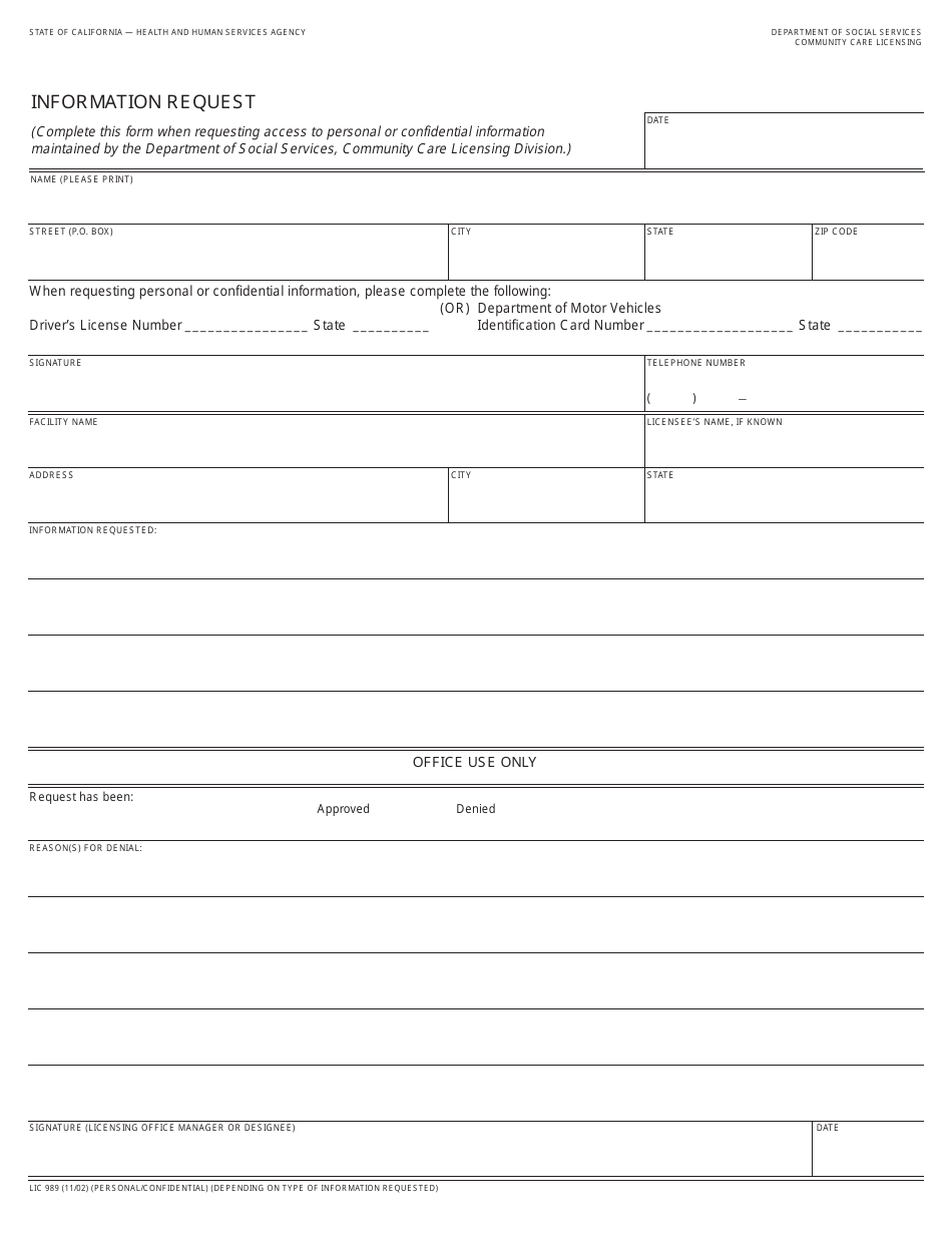 Form LIC989 Information Request - California, Page 1