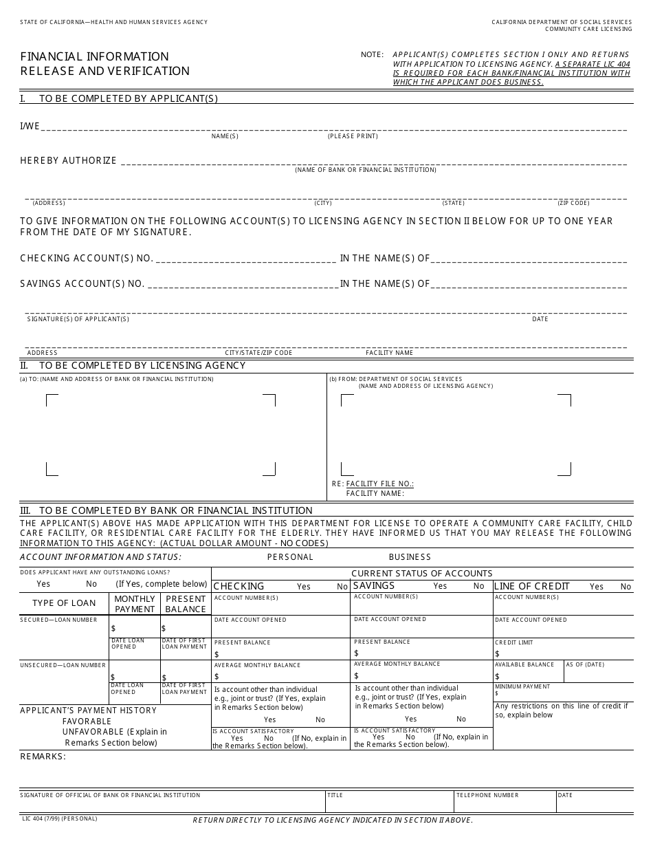 Form LIC404 Financial Information Release and Verification - California, Page 1