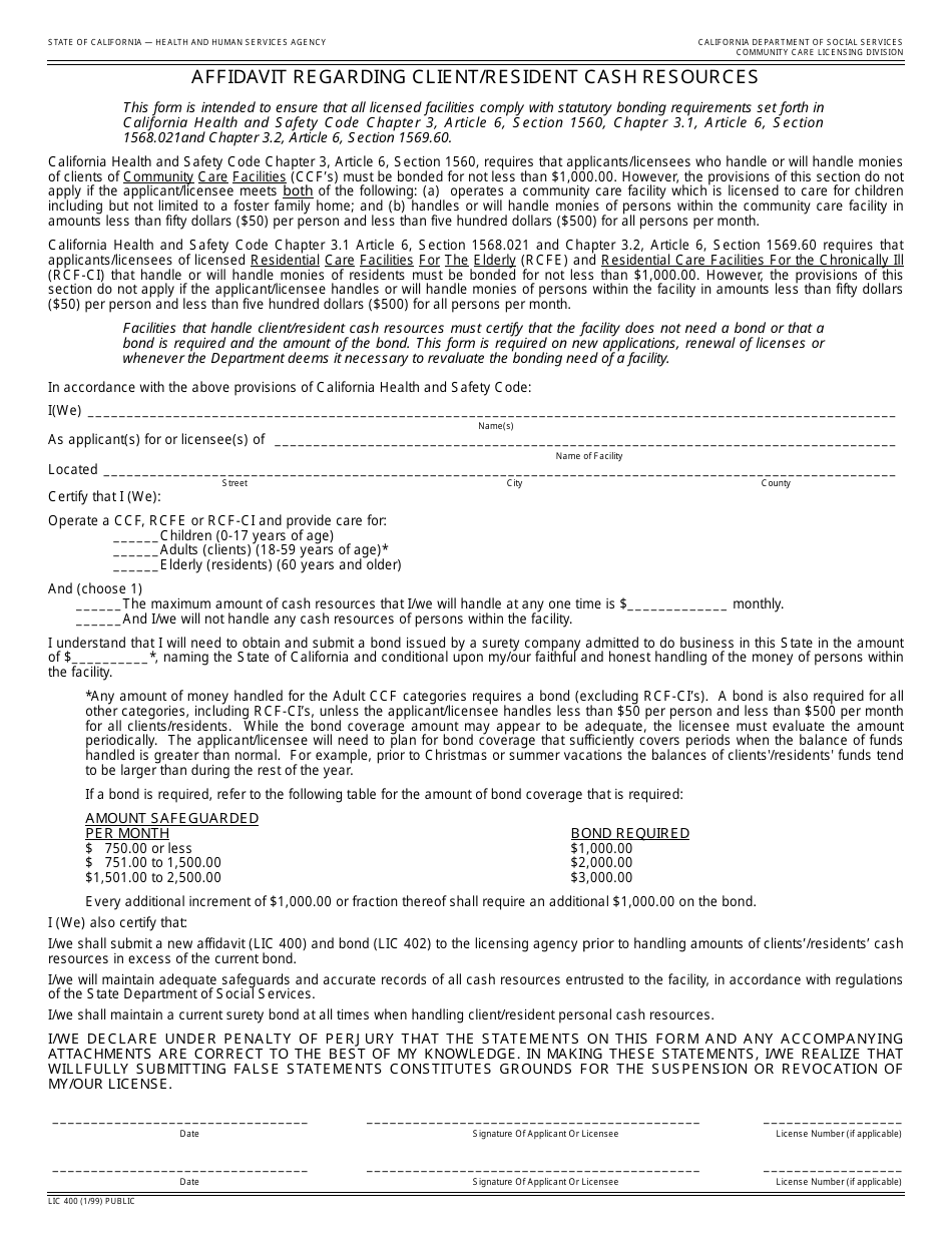 Form LIC400 Affidavit Regarding Client / Resident Cash Resources - California, Page 1