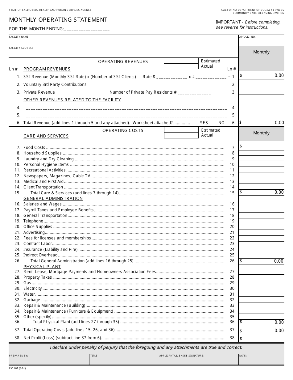 Form LIC401 Monthly Operating Statement - California, Page 1