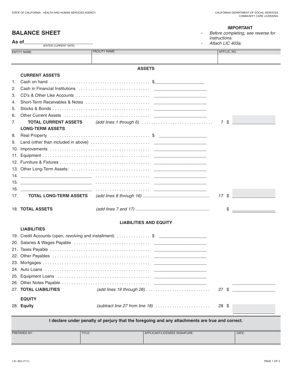 Form LIC403 Balance Sheet - California, Page 1