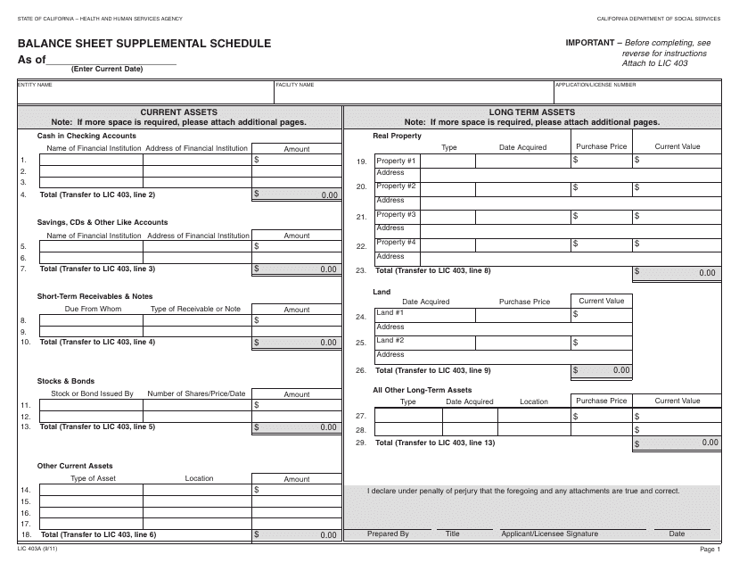 Form LIC403A Balance Sheet Supplemental Schedule - California