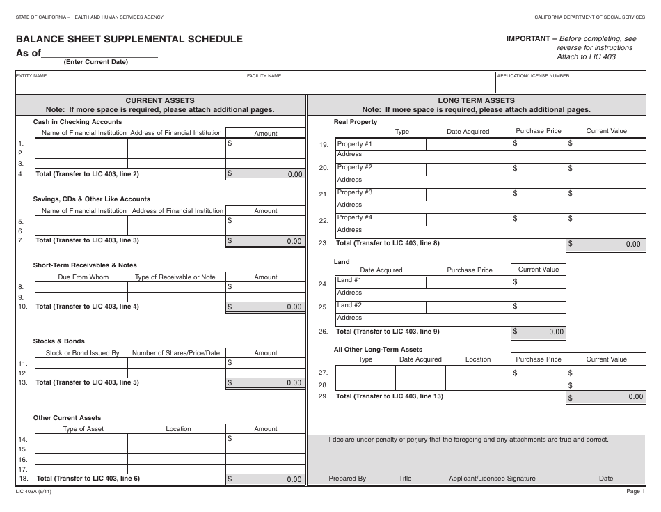 Form LIC403A Balance Sheet Supplemental Schedule - California, Page 1