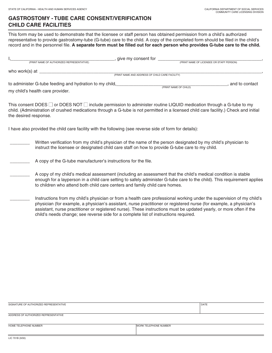 Form LIC701B Gastrostomy - Tube Care Consent / Verification Child Care Facilities - California, Page 1