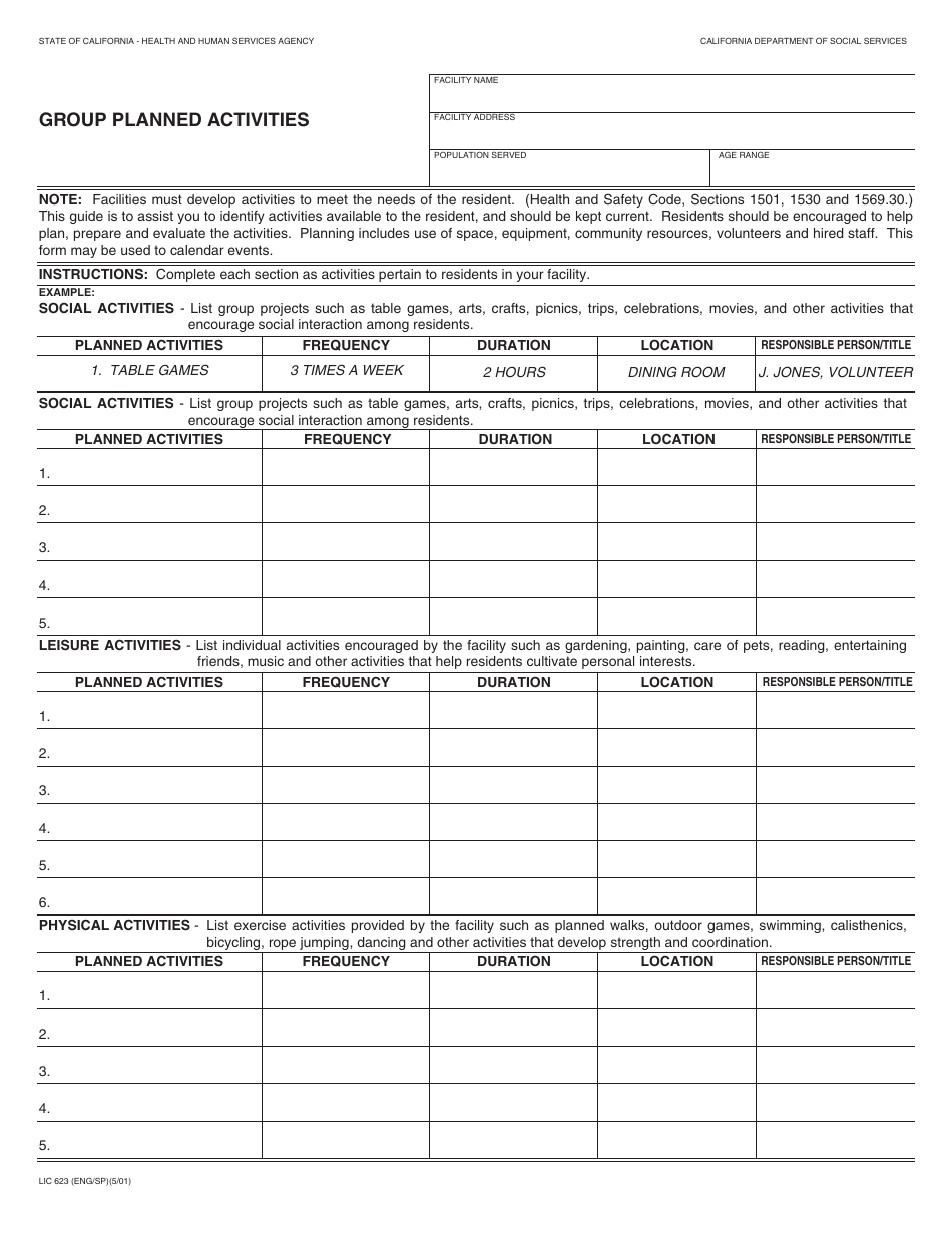 Form LIC623 Group Planned Activities - California, Page 1
