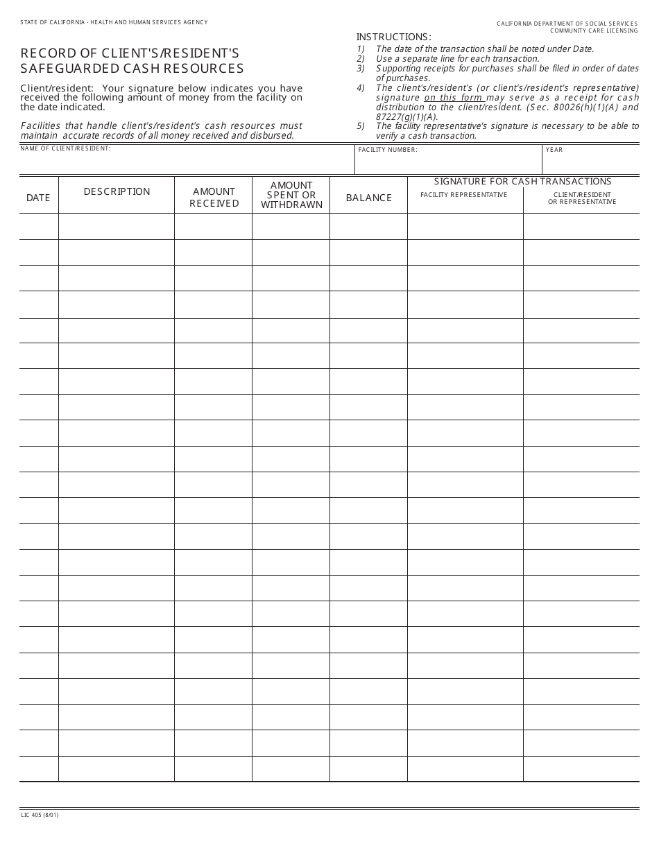 Form LIC405 Record of Clients / Residents Safeguarded Cash Resources - California, Page 1