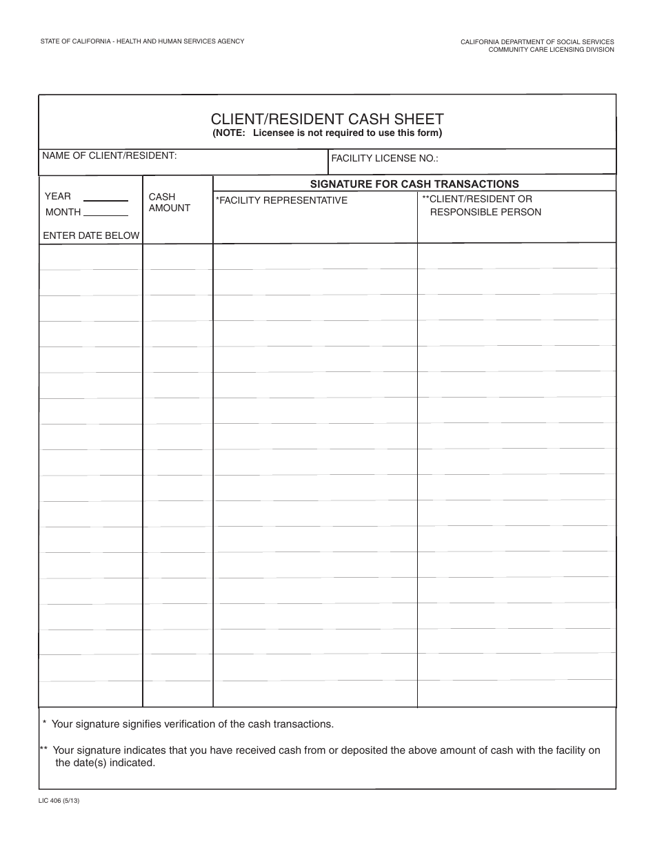 Form LIC406 Client / Resident Cash Sheet - California, Page 1