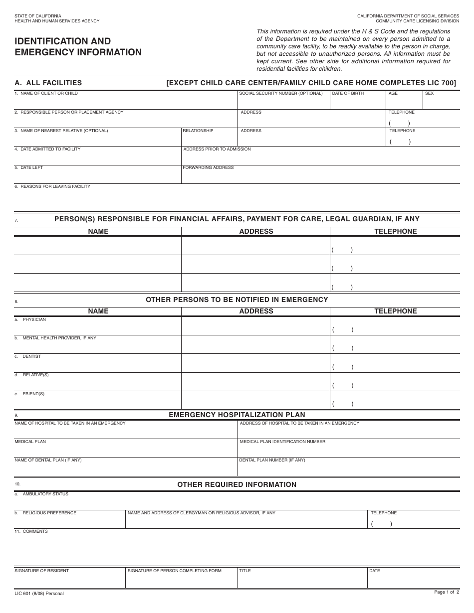 Form LIC601 Identification and Emergency Information - California, Page 1