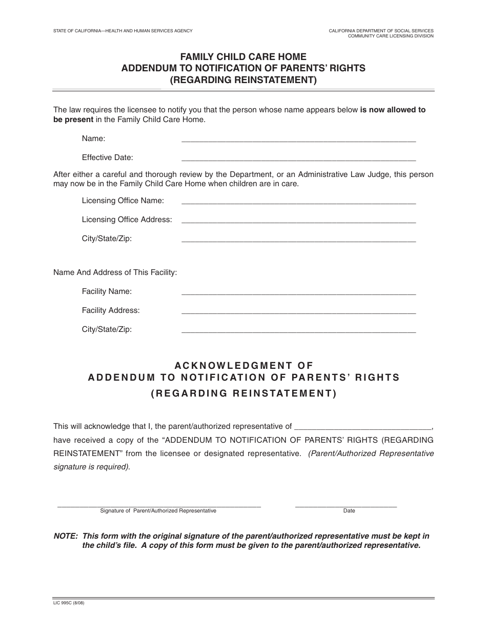 Form LIC996c Family Child Care Home Addendum to Notification of Parents Rights (Regarding Reinstatement) - California, Page 1