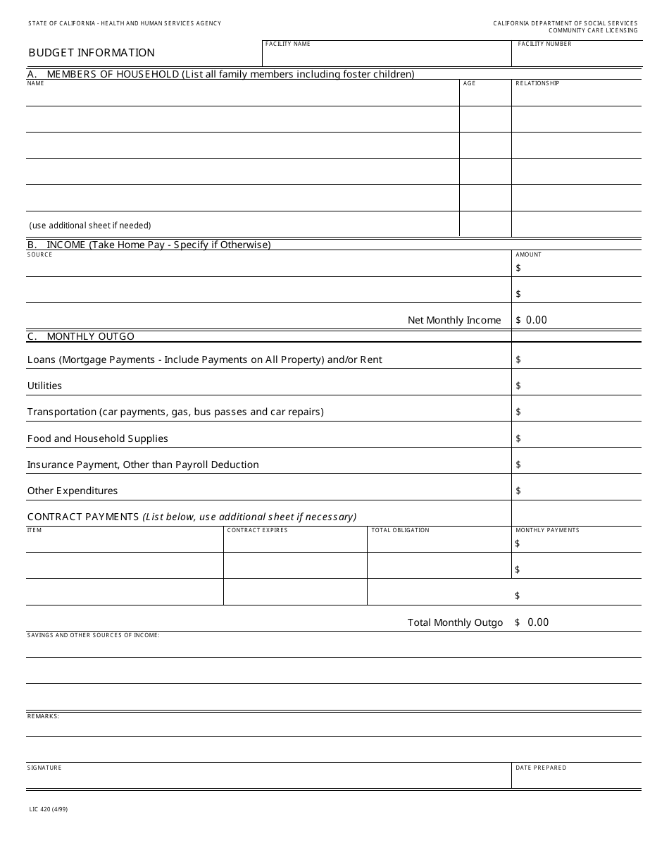 Form LIC420 Budget Information - California, Page 1