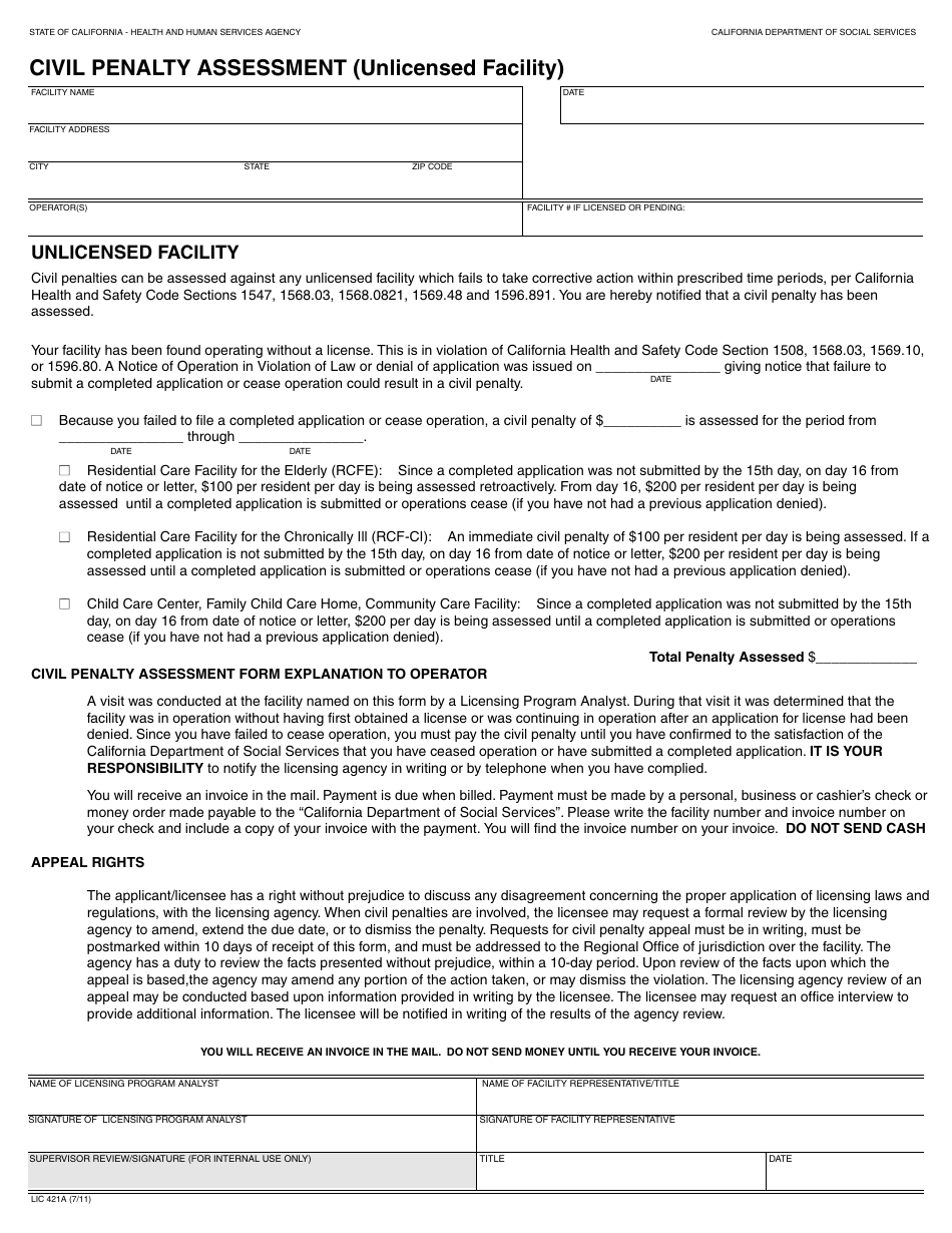 Form LIC421A Civil Penalty Assessment (Unlicensed Facility) - California, Page 1