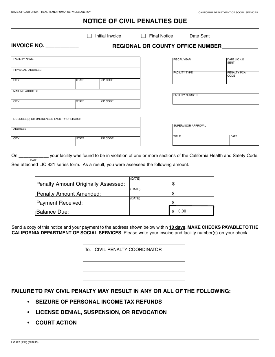 Form LIC422 Notice of Civil Penalties Due - California, Page 1