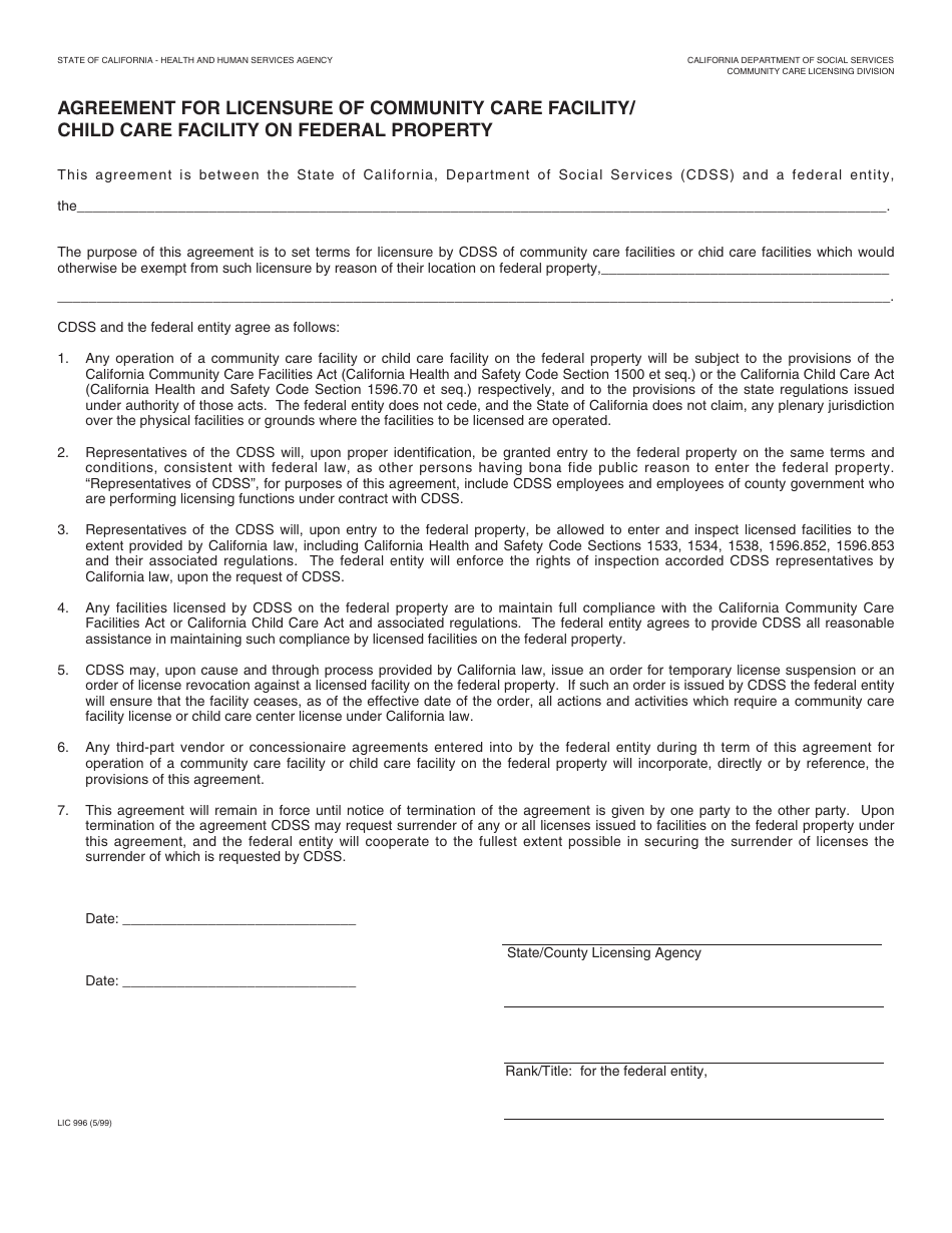 Form LIC996 Agreement for Licensure of Community Care Facility / Child Care Facility on Federal Property - California, Page 1