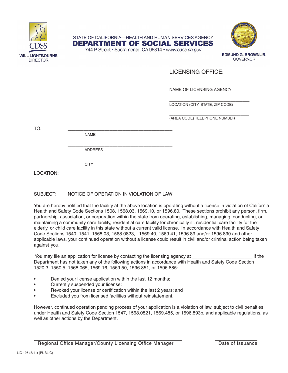 Form LIC195 Notice of Operation in Violation of Law - California, Page 1
