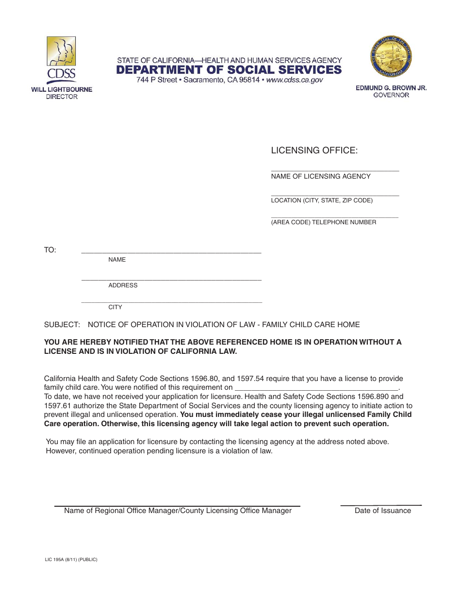 Form LIC195A Notice of Operation in Violation of Law - Family Child Care Home - California, Page 1