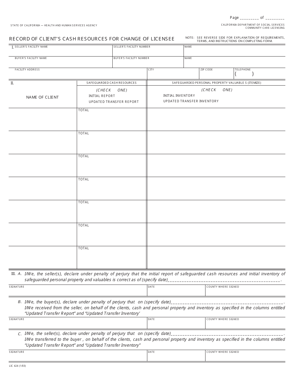 Form LIC424 Record of Clients Cash Resources for Change of Licensee - California, Page 1