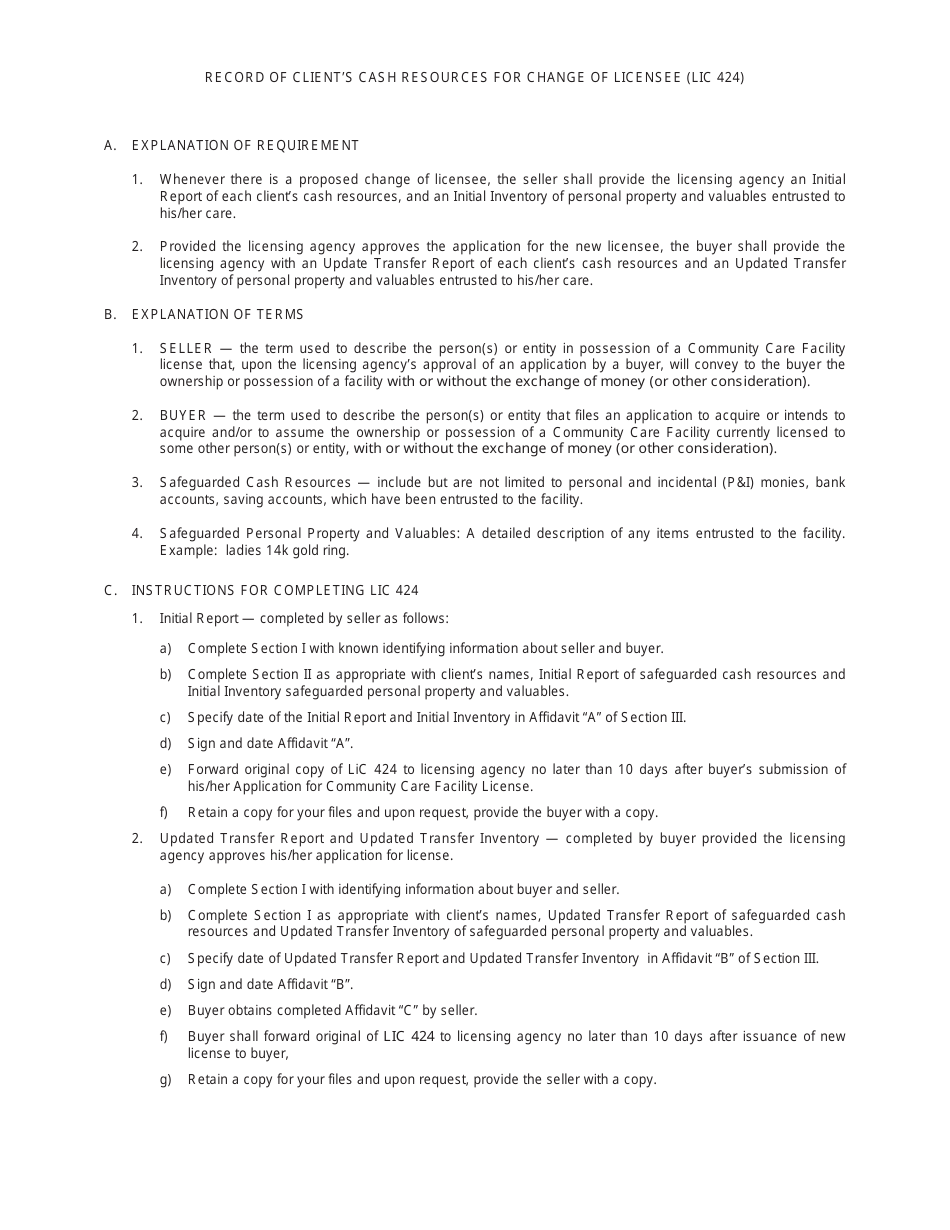 Form LIC424 Record of Clients Cash Resources for Change of Licensee - California, Page 2