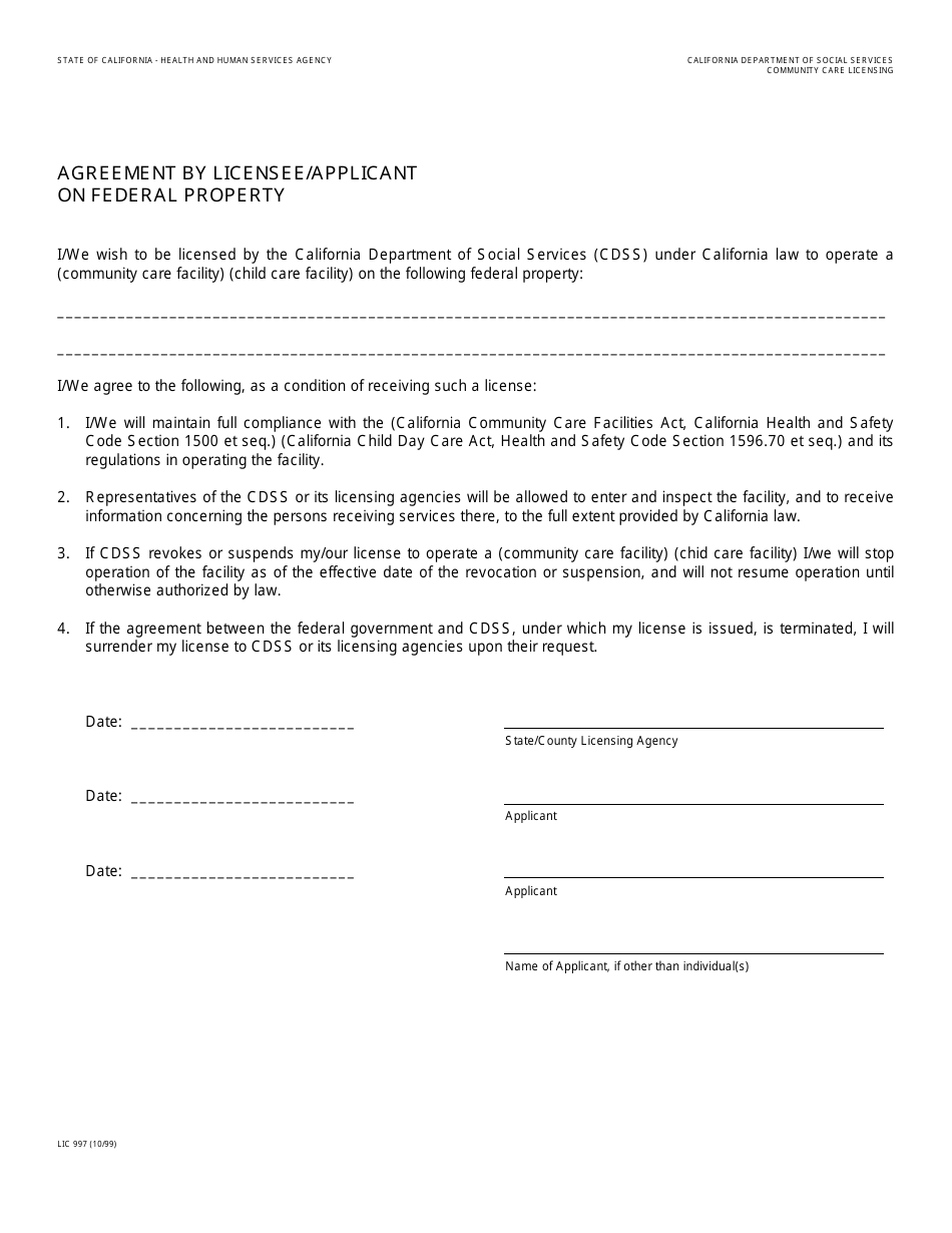 Form LIC997 Agreement by Licensee / Applicanton Federal Property - California, Page 1