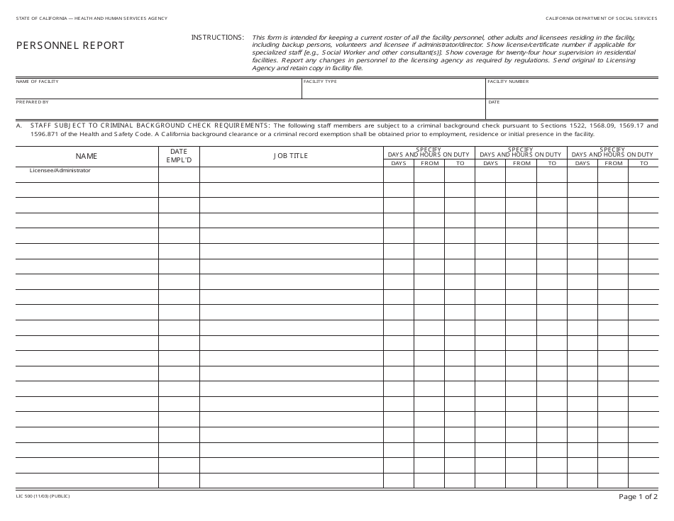 Form LIC500 Personnel Report - California, Page 1