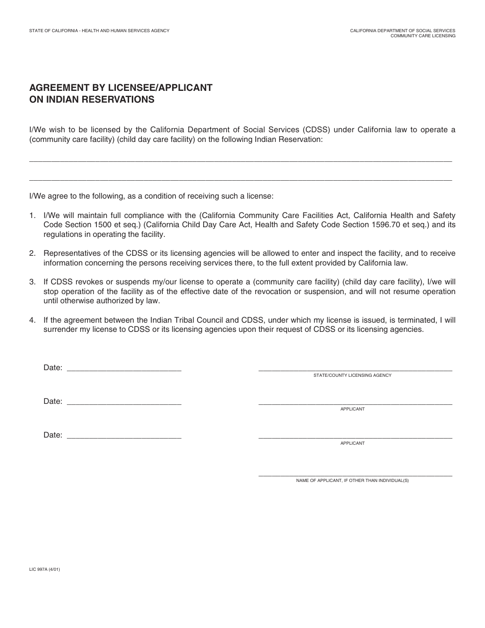 Form LIC997A Agreement by Licensee / Applicanton Indian Reservations - California, Page 1