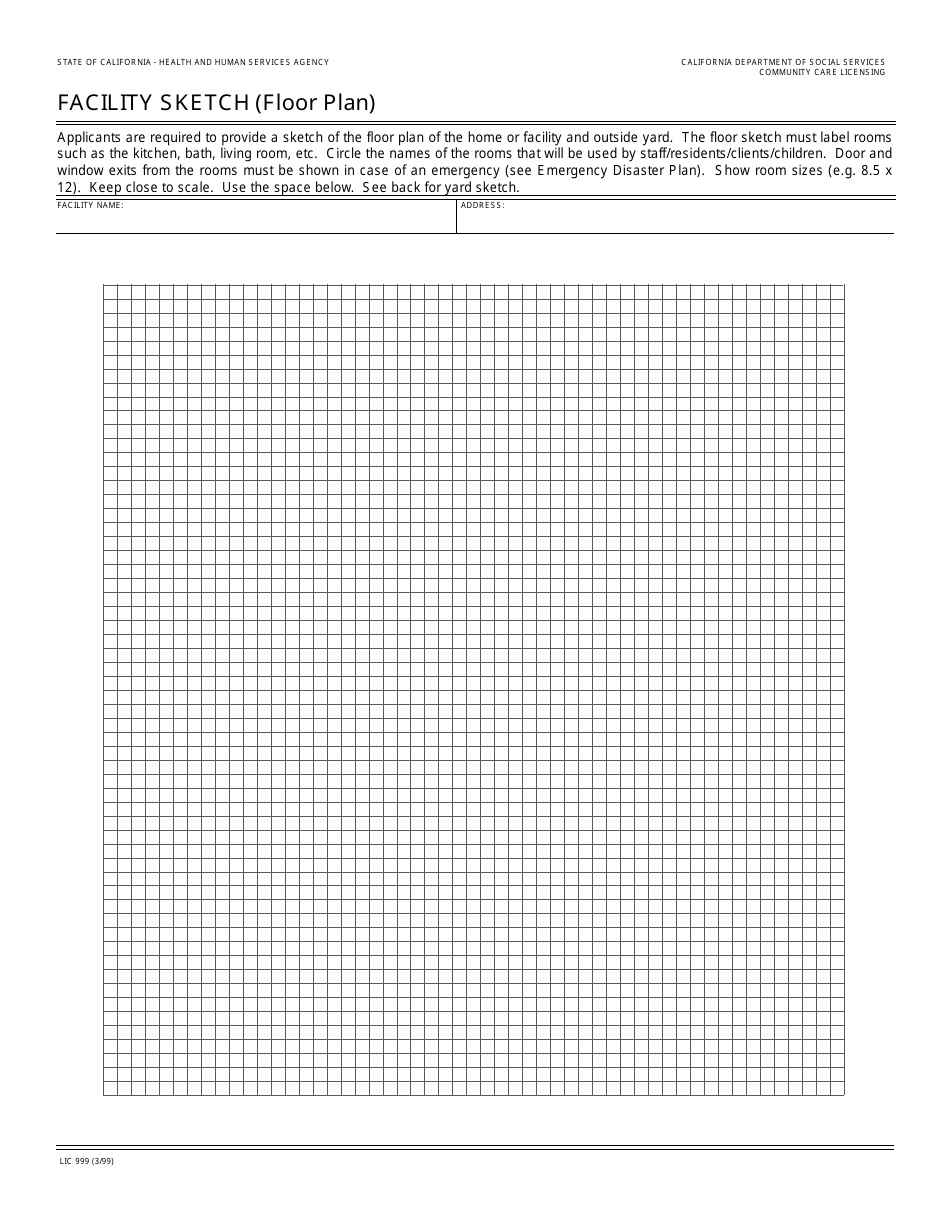 Form LIC999 Facility Sketch (Floor Plan) - California, Page 1