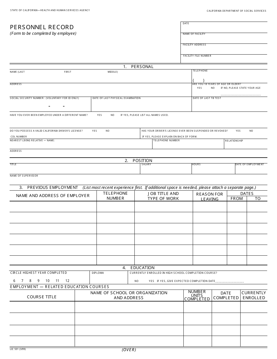 Form LIC501 Personnel Record - California, Page 1
