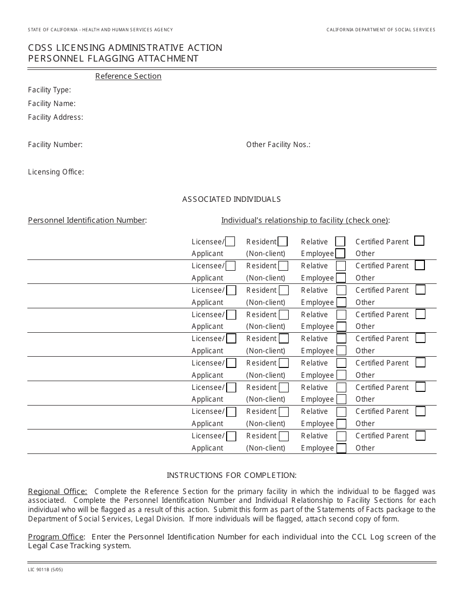 Form LIC9011B Cdss Licensing Administrative Action Personnel Flagging Attachment - California, Page 1