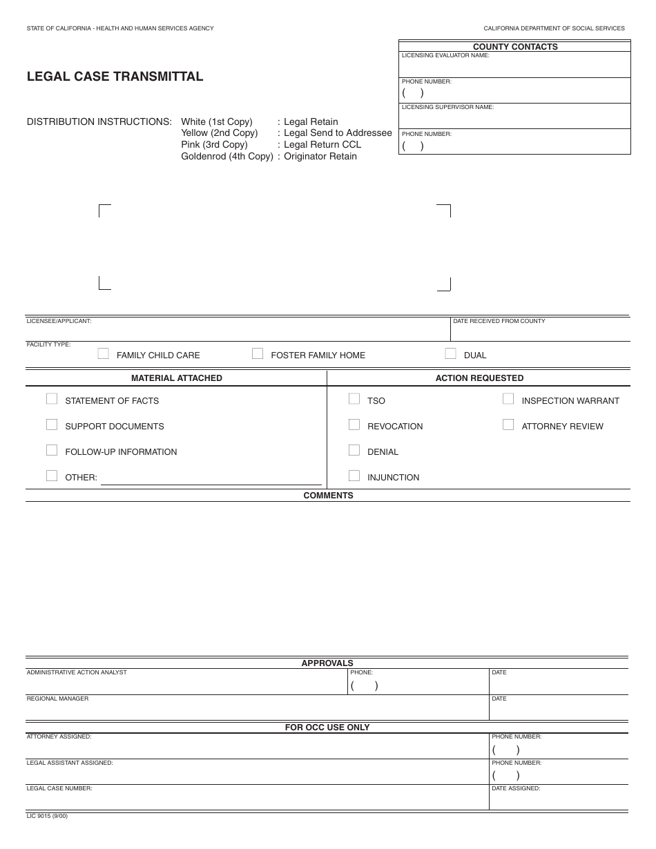 Form LIC9015 Legal Case Transmittal - California, Page 1