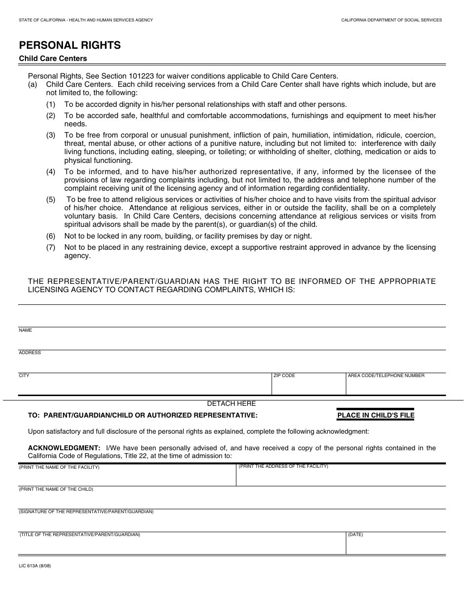 Form LIC613A Personal Rights - Child Care Centers - California, Page 1