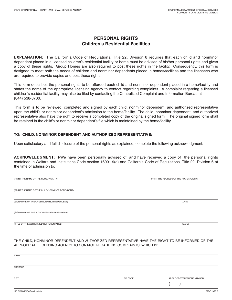 Form LIC613B Personal Rights Childrens Residential Facilities - California, Page 1