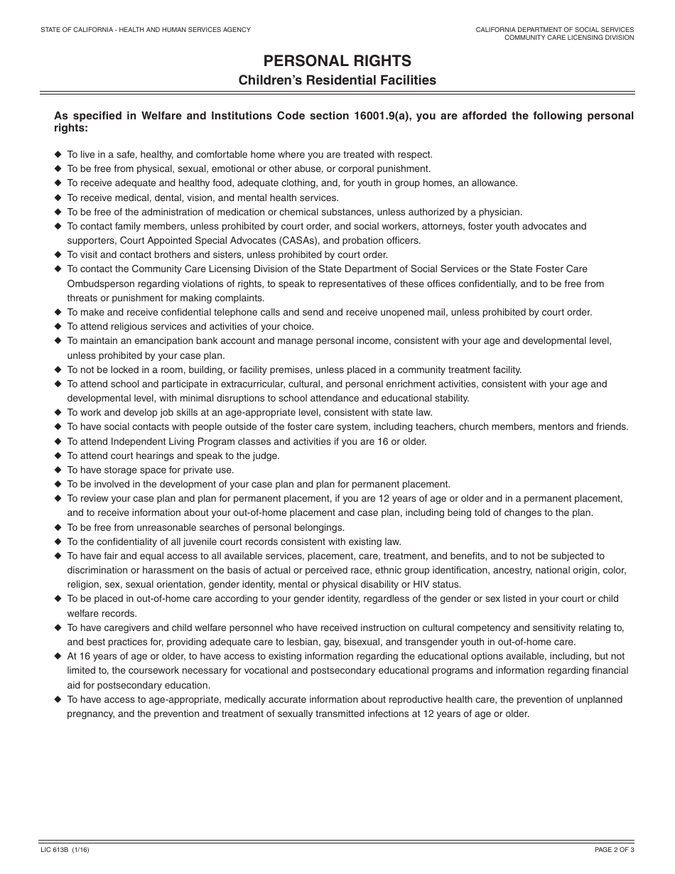 Form LIC613B Personal Rights Childrens Residential Facilities - California, Page 2
