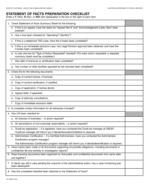 Form LIC9029B Statement of Facts Preparation Checklist - California
