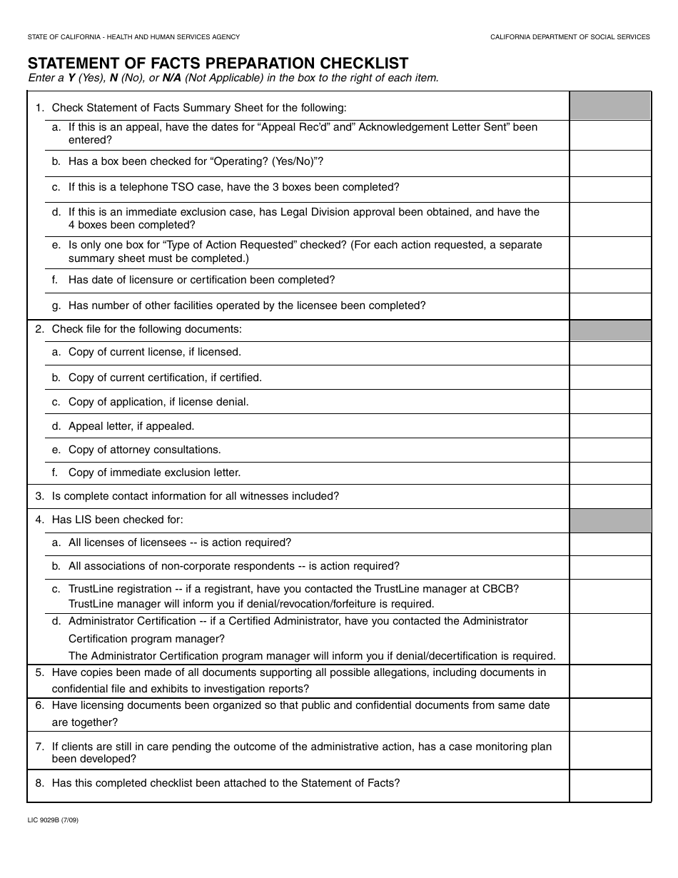 Form LIC9029B Statement of Facts Preparation Checklist - California, Page 1