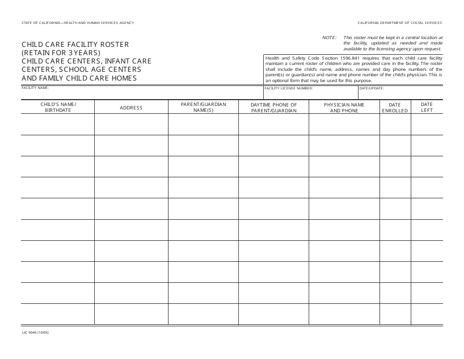 Form LIC9040 Download Fillable PDF or Fill Online Child ...